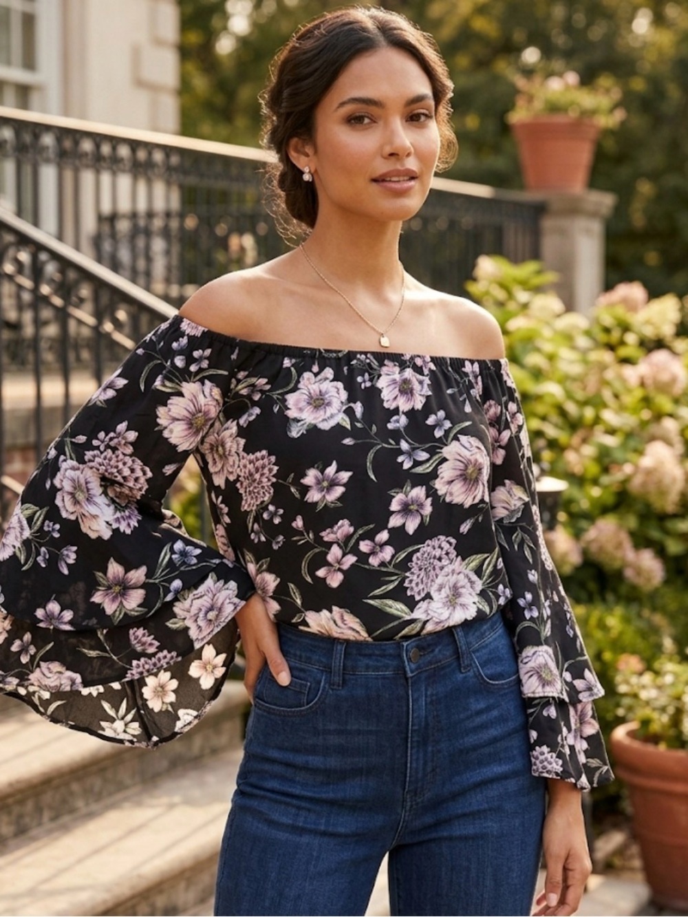 JAASE Off-Shoulder Floral Bell-Sleeve Top in Black with Floral Design - Sz Large